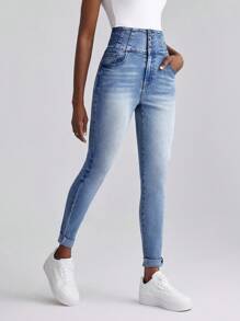 Slaydiva Calça Jeans Skinny de Cintura Alta Lavado Casual Feminino - Azul - Visão 1