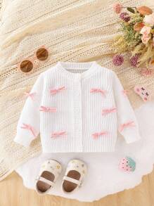 SHEIN Baby And Girl Fashionable Cute Versatile Bow Sweater Cardigan, Knitted Knitted Single Piece Outerwear Fall Winter - Beige - View 2