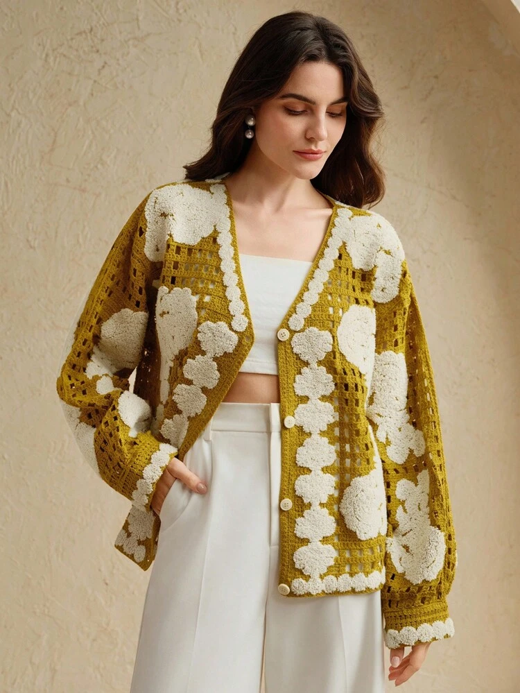 Women's Floral Pattern Long Sleeve Single-Breasted Hollow Out Knitted Cardigan