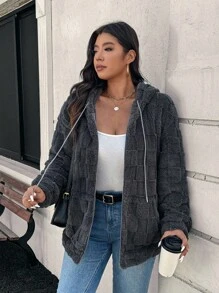 SHEIN LUNE Warm & Comfortable Casual Gray Fluffy Jacket, Plus Size, Suitable For Outings, Autumn Season Thanksgiving Outfit Women New Years Women Outfit Winter Dresses Winter Clothes Women Rave Outfits Fall