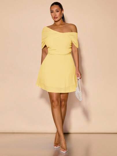 SHEIN BAE Plus Size Women's Green Chiffon Asymmetric Mesh Ruched A-Line Mini Dress, Spring/Fall,Wedding Guest Dress Women