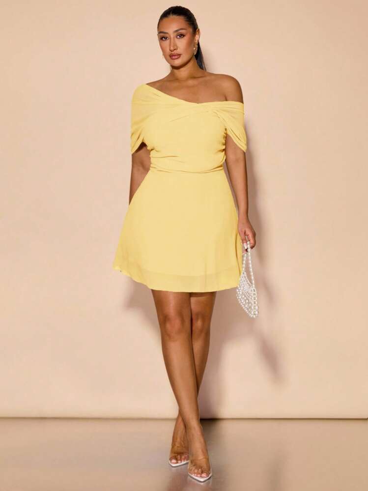 SHEIN BAE 大码女式绿色雪纺不对称网眼褶皱 A 字迷你连衣裙，春夏 - 黃色 - 查看 1