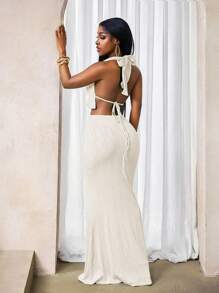 BamGleam 时尚秋季女士夏季度假纹理金属装饰镂空露背吊带上衣和半身裙套装 - 杏色 - 查看 2