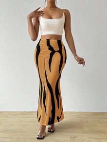 BamGleam Women's Printed Ruched Waist Mermaid Maxi Skirt Fall Cloth For Women - Ginger - View 6