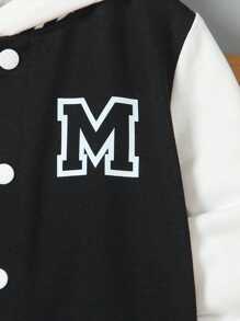 SHEIN Casuvi Kids 2 件/套 青少年男孩学院风套装：黑色针织上衣，白色袖子，印花字母“M”设计，搭配罗纹领、袖口和下摆印花运动裤。舒适、轻松、休闲的风格，适合春季、秋季、日常穿着、运动、学校、旅行 - 黑色 - 查看 5