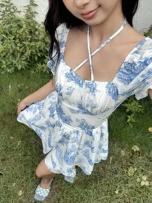 SHEIN Robe de vacances élégante à fleurs bleues avec nœud, volants et manches bouffantes froncées pour adolescentes - Bleu et Blanc - Voir 2