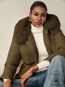 Aveloria Modichic 女士休闲纯色抽绳腰仿毛领连帽加厚棉服外套，冬装 - 咖啡棕 - 查看 1