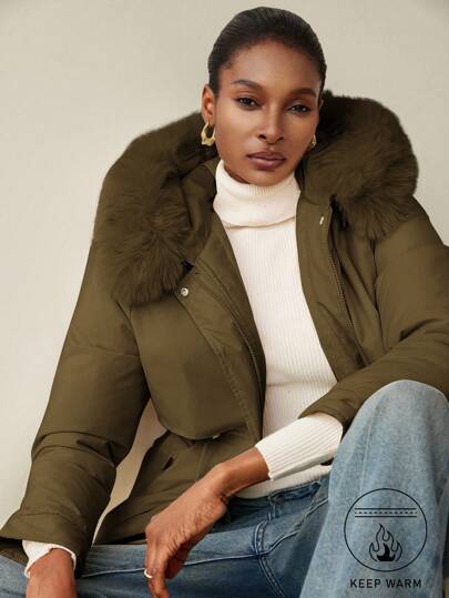 Aveloria Modichic Women's Casual Solid Color Drawstring Waist Faux Fur Collar Hooded Padded Padded Coat, Winter Clothes  Fall Cloth For Women