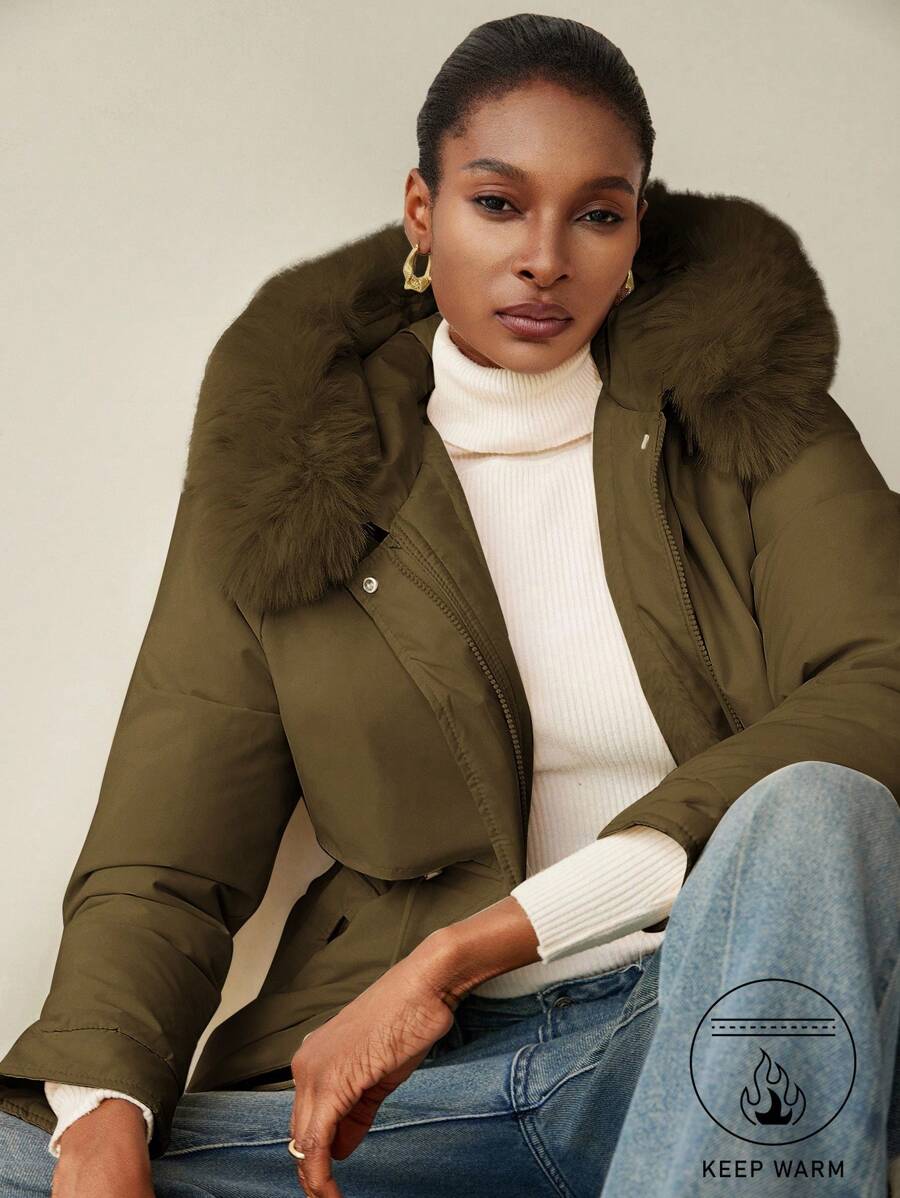 Aveloria Modichic 女士休闲纯色抽绳腰仿毛领连帽加厚棉服外套，冬装 - 咖啡棕 - 查看 1