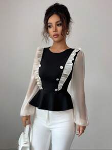 Elenzga Elegant Organza Patchwork A-Line Fitted Long Sleeve T-Shirt, Autumn/Winter Fall Cloth For Women - Black - View 5