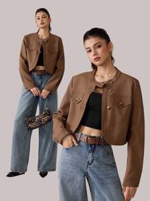 SHEIN MOD 女士拉链短款秋季外套，休闲拉链常规袖立领修身咖啡棕色纯色女式外套，适合秋冬季日常休闲穿着、外出、锐舞派对等场合。 - 黃色 - 查看 1