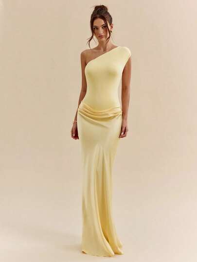 SHEIN BAE 秋冬纯色不对称优雅缎面拼布超长连衣裙，黄色缎面连衣裙，迷你礼服，派对礼服，生日礼服