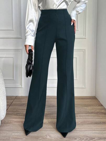 EURMUSE Women's Solid Color Toothpick Striped Design Elegant Commuter Flare Pants