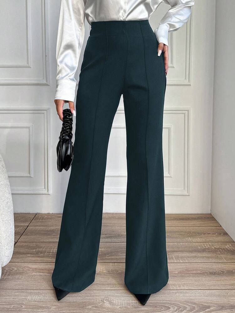 EURMUSE Women's Solid Color Toothpick Striped Design Elegant Commuter Flare Pants - Teal Blue - View 1