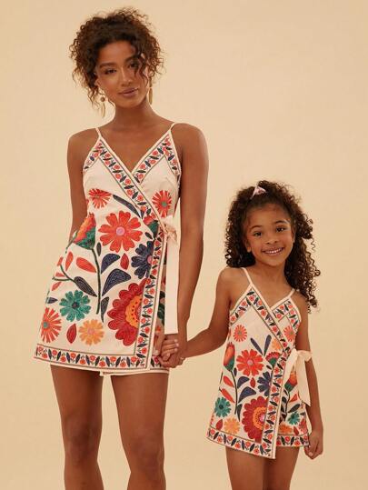 Travachic KIDS Young Girl & Mother Matching Ditsy Floral Jumpsuit, Casual Overalls For Vacation