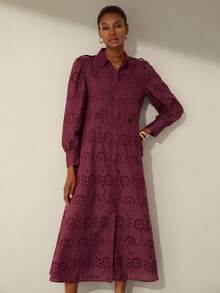 Aveloria Modichic Solid Color Hollow Embroidery Cinched Waist Front Long Sleeve Shirt Dress - Burgundy - View 5
