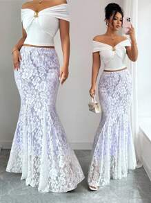 Elenzga New Elegant White Lace Skirt, High-Waist Slim-Fit A-Line Mermaid Hem Design, Sophisticated Style, Spring/Summer
