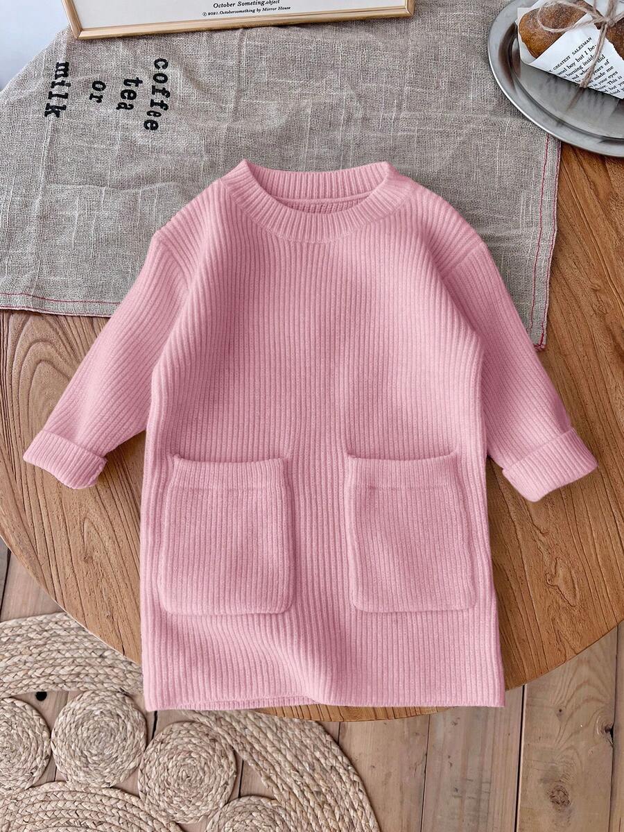 SHEIN LMoss Kids LMoss Baby Girl Cute Minimalist Beige Long Sleeve Sweater Dress, Autumn/Winter Baby Girl Pink Sweater Dress Winter Baby Girl Dress Toddler Girl Pink Dress Baby Girl Long Sleeve Dress Pink Knit Baby Dress Fall - Dusty Pink - View 1