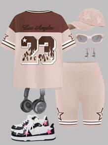 SHEIN Leap Crew Bộ 2 chiếc áo thun tay ngắn dáng rộng thoải mái cho bé gái tuổi teen và quần legging, phù hợp cho mùa hè - Nhiều màu - Xem 2