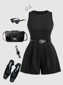 SHEIN MOD 大码女式黑色复古 70 年代背心连体裤，配免费腰带 - 完美搭配复古风、通勤装、学院风、休闲装、西式装、办公室装和机场装 - 黑色 - 查看 1