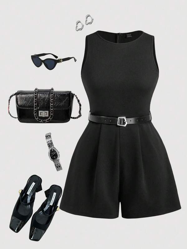 SHEIN MOD Dámský černý vintage overal ve stylu 70. let s páskem zdarma ve velkých velikostech - ideální pro outfity za staré peníze, dojíždění, univerzitní styl, ležérní nošení, westernové oblečení, kancelářské oblečení a outfity na letiště