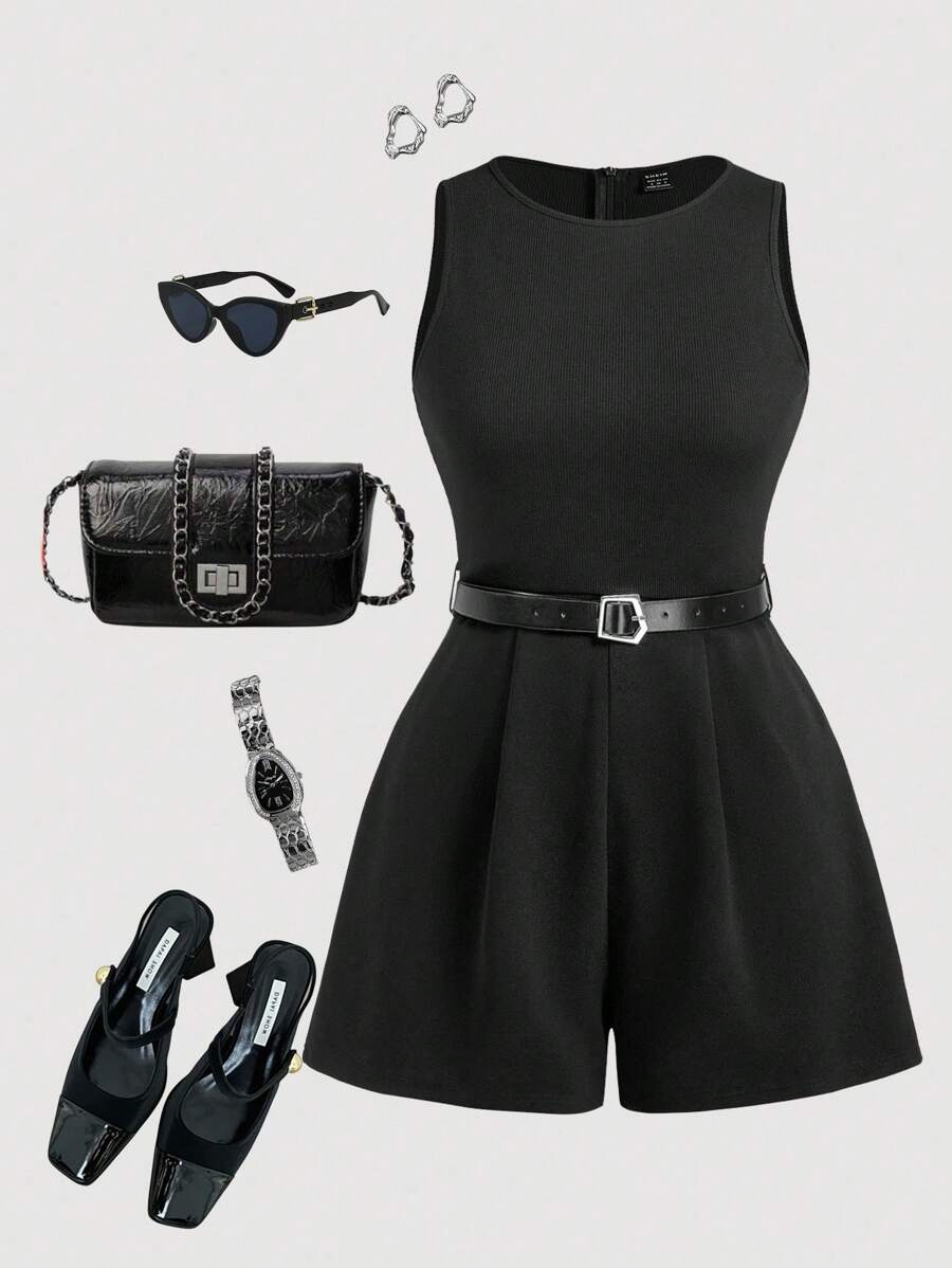 SHEIN MOD 大码女式黑色复古 70 年代背心连体裤，配免费腰带 - 完美搭配复古风、通勤装、学院风、休闲装、西式装、办公室装和机场装 - 黑色 - 查看 1