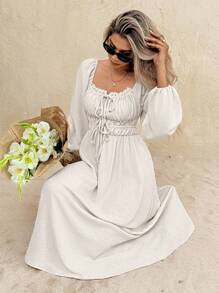 SHEIN Frenchy 女士休闲纯色灯笼袖中长连衣裙 - 杏色 - 查看 4