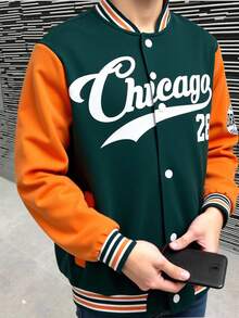 SHEIN 青少年男孩休闲运动数字和字母图案棒球领宽松长袖夹克，适合通勤、上学、日常休闲、旅行、运动、秋冬