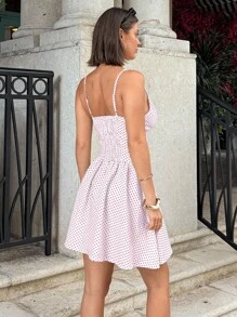 Siren Gaze 夏季新款粉色波点深V领连衣裙，毕业典礼礼服，优雅连衣裙 - 粉色 - 查看 2