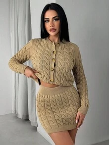 EURMUSE Completo da donna in 2 pezzi, cardigan e gonna marrone - Castano - Visualizzare 3