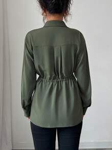 SHEIN Elenzya Women's Elegant French Office Commute Street Snap Utility Shirt, Featuring Shirt Collar, Front Placket, Waist Drawstring, Bowknot, Long Sleeve, Suitable For Spring, Autumn And Winter - Army Green - View 2