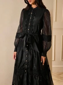 Lilora Váy maxi xếp nếp nhiều lớp ren đen trơn màu cổ điển lãng mạn thanh lịch có nút, thắt eo, nơ, tay áo đèn lồng cho tiệc tùng, mùa xuân/thu - màu đen - Xem 8