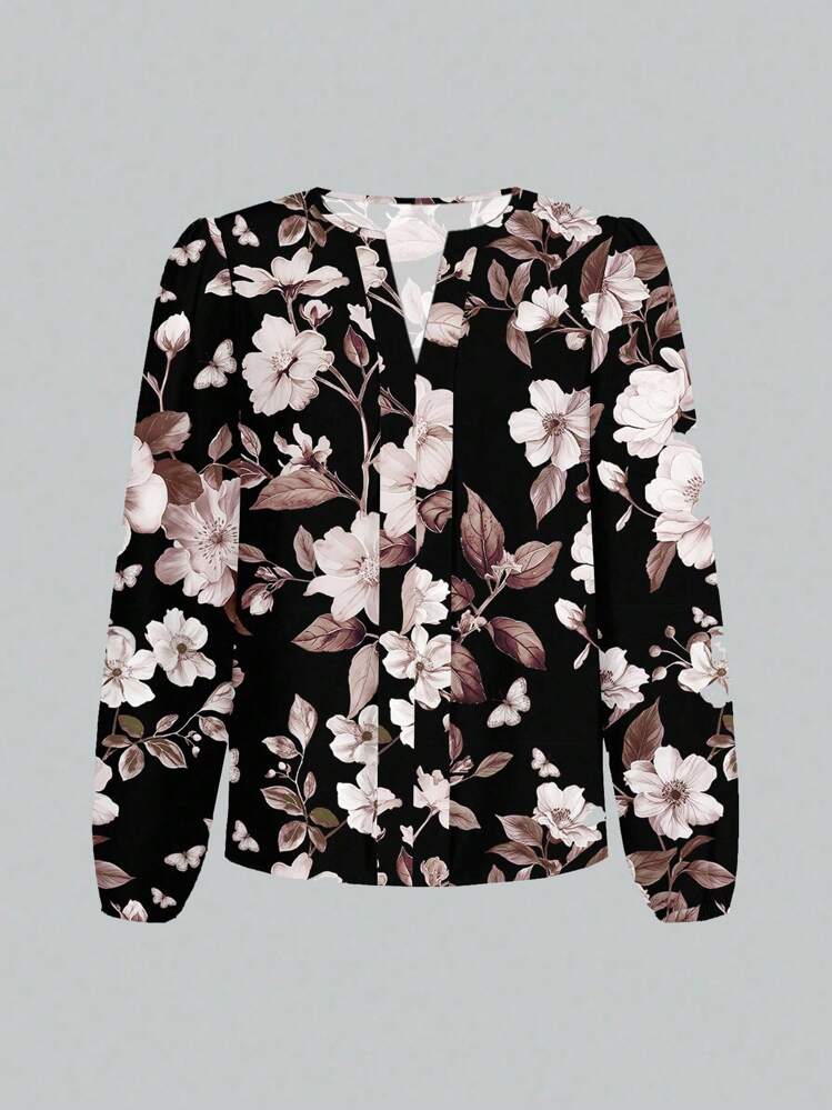 Glamance Constanza Baglietto Women Multicolour Plus Size Blouses Extra-Long Sleeve Notched Boho Plants All Over Print Plain Floral Summers Going Out Office Business Casual Fall Day Nights Women Travel Airport Streetwear Women Fall Clothes Modest Back To School Work Clothes Women Autumn And Winter Flowy Top Going Out Elegant Blouses New Year Chic Stylish Clothing Collection - Multicolor - View 4