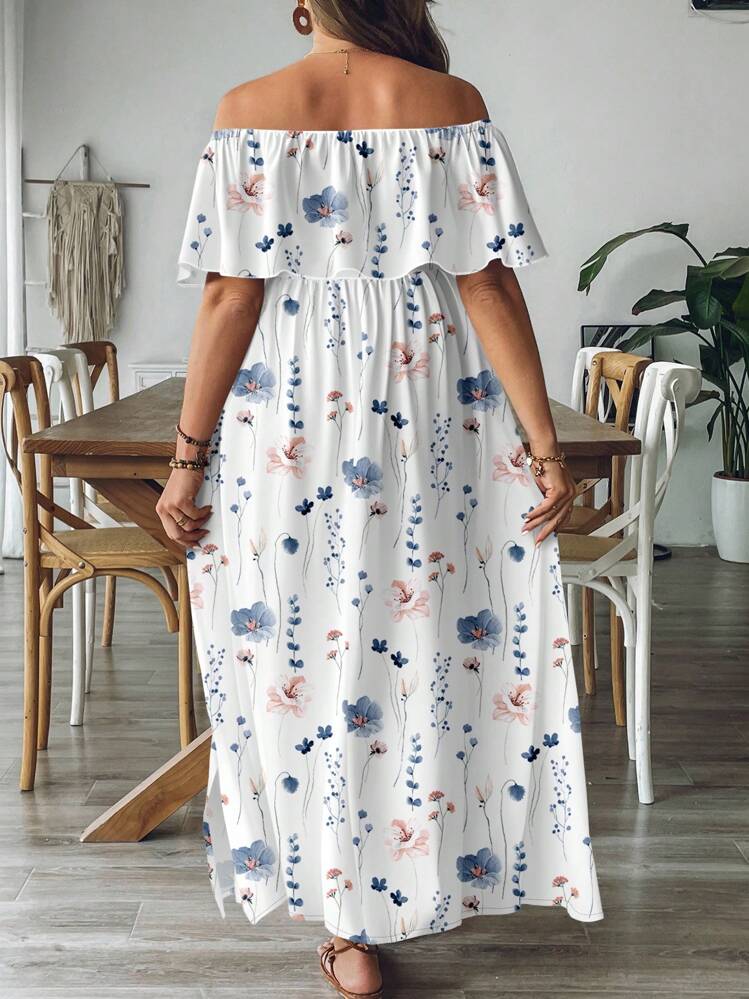 SHEIN VCAY Plus Size Elegant Off-Shoulder Floral Print Ruffle Hem Slit Maxi Dress, Casual Vacation Chic Dress - Multicolor - View 2