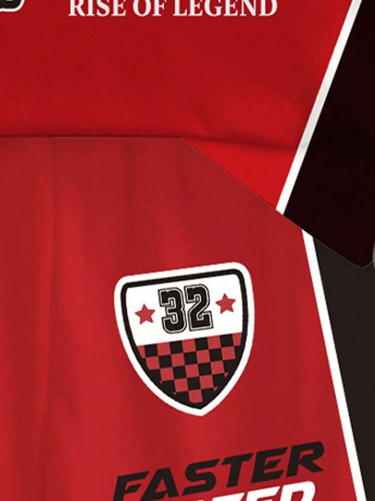 SHEIN Playful Pals 1 套男婴时尚个性化红白字母印花圆领短袖 T 恤和短裤套装，休闲赛车短袖服装 - 彩色 - 查看 4