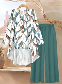 Rusticease Women Casual Elegant Loose Fit Round Neck Long Sleeve Top And Pants Set, Summer Set, Leaf Print Pants Sets For Women Blouse And Pants Set Summer Pants Sets For Women Shirt And Pants Set Two Piece Pants Set Women Autumn And Winter - Multicolor - View 1