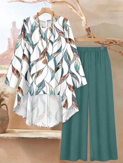 Rusticease Dam Casual Elegant Lös passform Rund Hals Långärmad Topp Och Byxor Set, Sommarset, Lövtryck