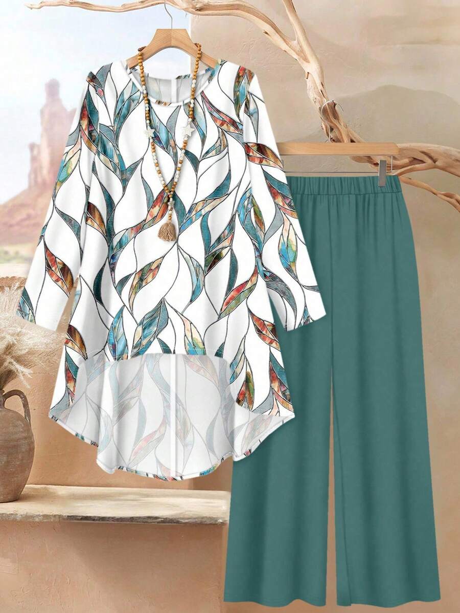 Rusticease Women Casual Elegant Loose Fit Round Neck Long Sleeve Top And Pants Set, Summer Set, Leaf Print Pants Sets For Women Blouse And Pants Set Summer Pants Sets For Women Shirt And Pants Set Two Piece Pants Set Women Autumn And Winter - Multicolor - View 1