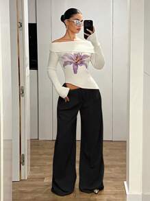 SHEIN ICON Ultra Low Rise Vintage Loose Wide Leg Extra Long Pants Work Pants - Black - View 2