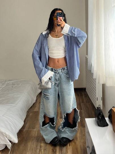 StreetHx 女士落肩长袖宽松休闲百搭条纹拼布衬衫