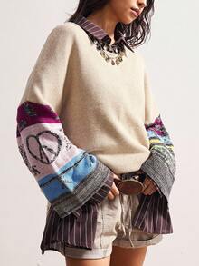 Bohemela 女式拼布印花圆领长袖毛衣 - 杏色 - 查看 3