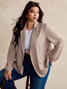 Elaquor Plus Size Casual Everyday Commute Solid Color Notched Collar Double Pocket Blazer In Fall/Winter - Apricot - View 5