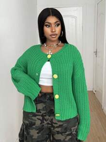 Maweii Plus Size Women Casual Loose Fit Round Neck Drop Shoulder Long Sleeve Single-Breasted Knit Cardigan Fall Winter Cloth For Women