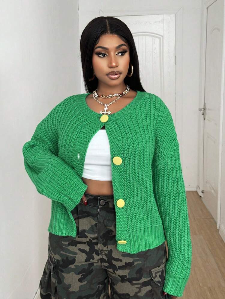 Maweii 大码女式休闲宽松圆领落肩长袖单排扣针织开衫 - 綠色 - 查看 4