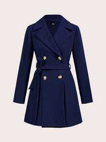 SHEIN Lady 秋冬卡其色翻领羊毛大衣优雅女士秋季风衣大衣双排扣羊毛大衣带吊带设计冬季女士夹克风衣女士外套秋季女装冬季女装女装服装秋季女装 - 藏蓝色 - 查看 2