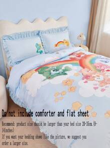 SHEIN X Care Bears 3pc Cute Cartoon Bear & Rainbow Print Ruffle Trim Bedding Set,Suitable For Single Bed/Double Bed/Queen Bed/King Bed, Dormitory/Home - Blue - View 9