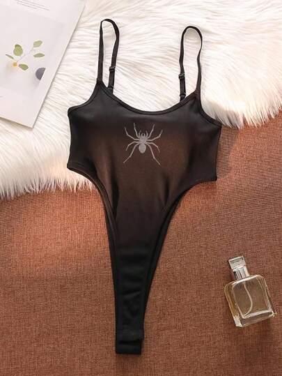 SHEIN EZwear 万圣节休闲蜘蛛印花性感女式紧身衣，适合派对、万圣节、Y2K 风格