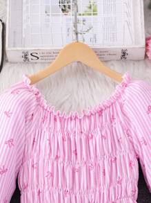 Mädchen Tween Jumpsuit mit Schleife, Streifen-Allover-Muster, Rüschenärmeln, Taillenbindung - Pink - Übersicht 3