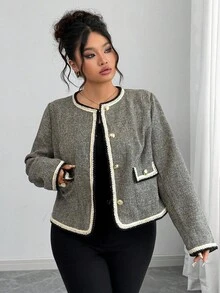 SHEIN Elenzya 大码女式黑白花卉拼布圆领仿口袋长袖常规夹克 - 彩色 - 查看 3