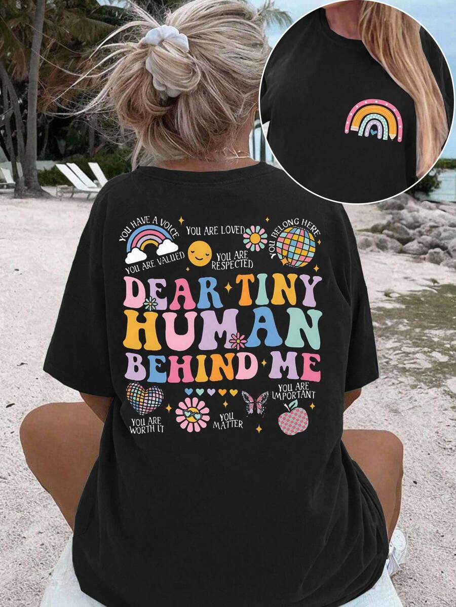 DrmWander 大码女式字母印花圆领图案 T 恤，复古休闲短袖 T 恤，适合日常穿着，女士夏季